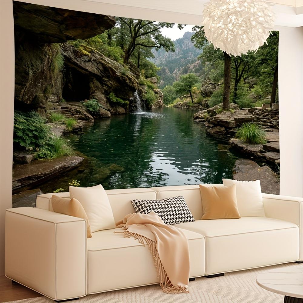 Cave Stream Tapestry, Hidden Waterfall In Rocky Gorge With Clear Water, Nature Scenery Wall Art For Living Room Bedroom Decor