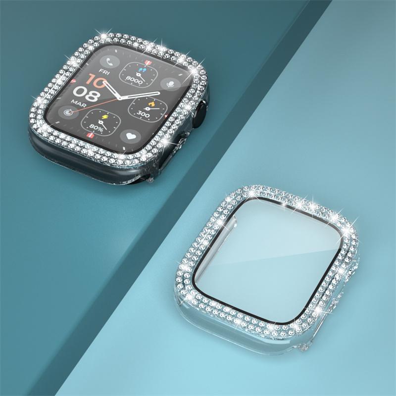 Tempered Glass+Diamond Cover For Apple Watch Case 46mm 40mm 44mm 42mm 41mm 45mm Bling Bumper Protector iWatch Series 10 9 7 8 SE