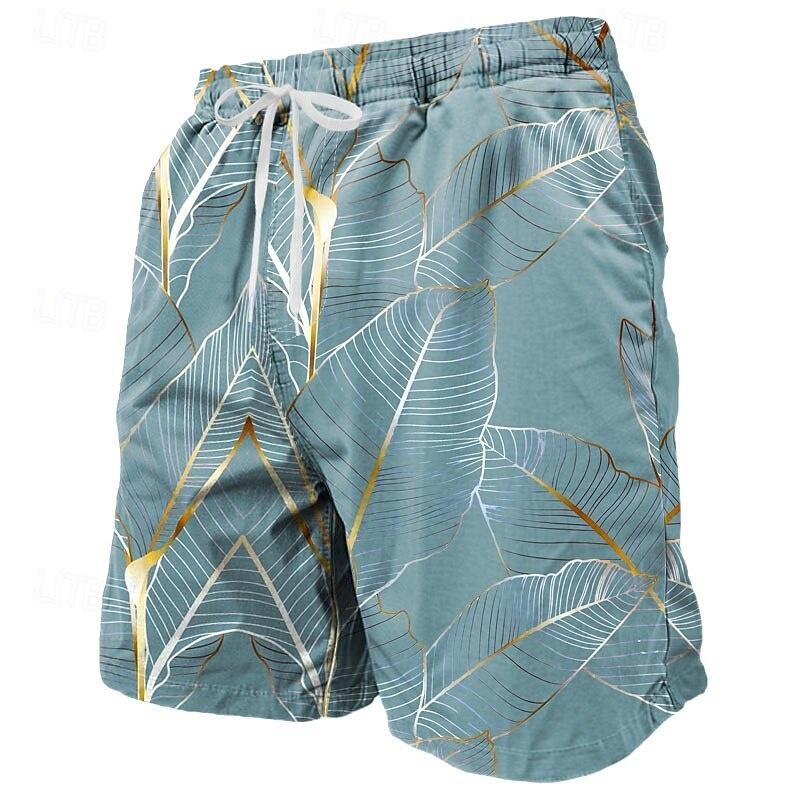 3D Printed Colorful Leaves Short Pants For Men Plant Stripes Pattern Beach Shorts Summer Casual Street Breathable Swim Trunks