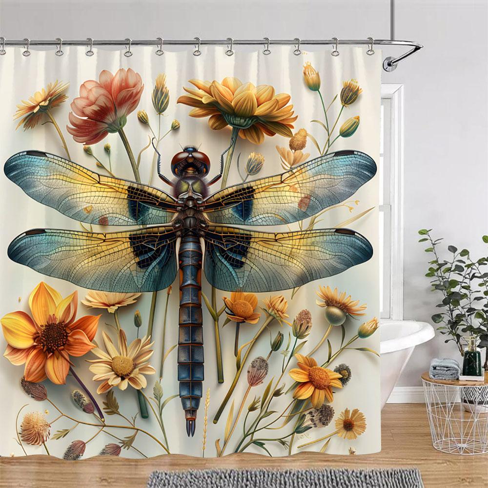 

Beautiful Dragonfly Shower Curtain Colourful Butterflies Watercolour Style Printed Pattern Fabric Shower Curtains Bathroom Decor W60H190(CM)-1 Pcs