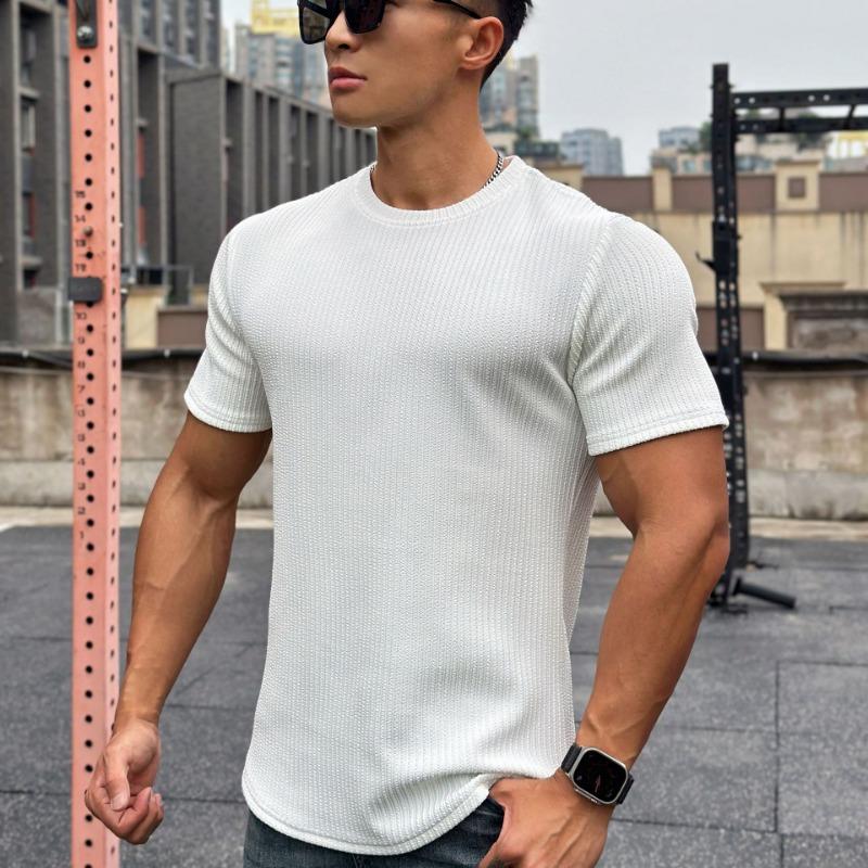 Summer Muscle Fitness Brothers Slim Fit Trendy Brand Short Sleeved Men's Shooting Star Pattern Solid Color T-shirt Training Round Neck T-Shirts Men’s
