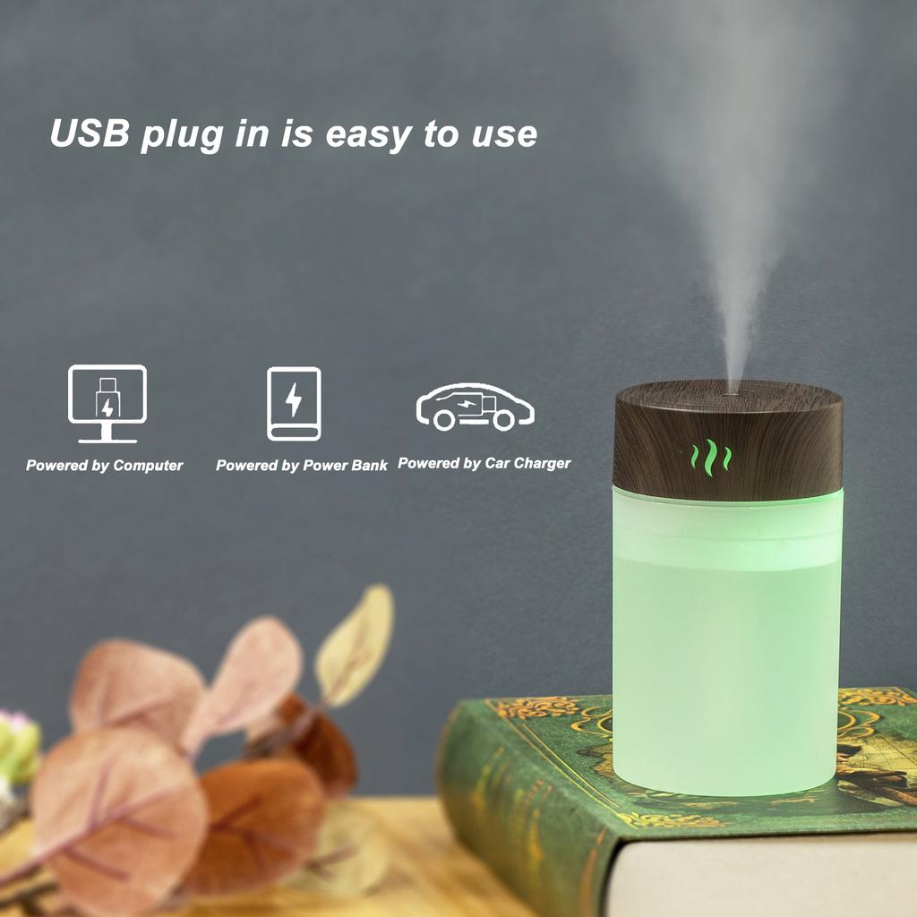 Mini Humidifier 260ml 5V USB Charge Colorful LED Night Light Wood Grain Desk Humidifier for Bedroom Office Car Dark Wood Grain