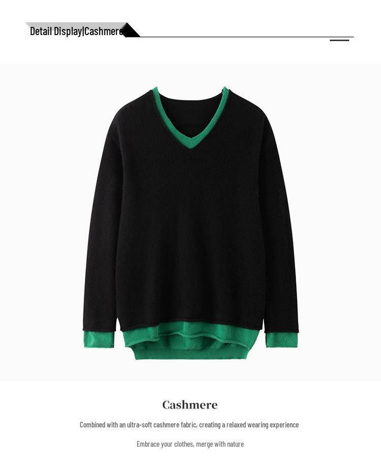 Women's V-Neck Color Block Cashmere Pullover Sweater - Casual, Relaxed, Long Sleeve, Two-Piece Look