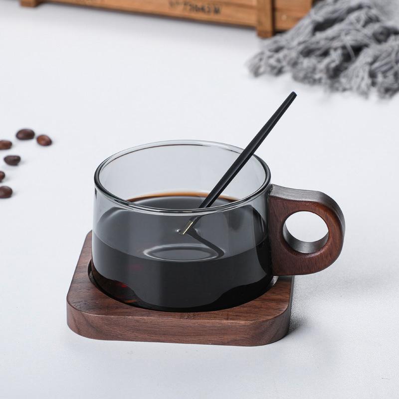 200ml American Latte Glass Coffee Mug With Wooden Tray Handle High Borosilicate Milk Tea Cup Fresh Ground Coffee Cup Set