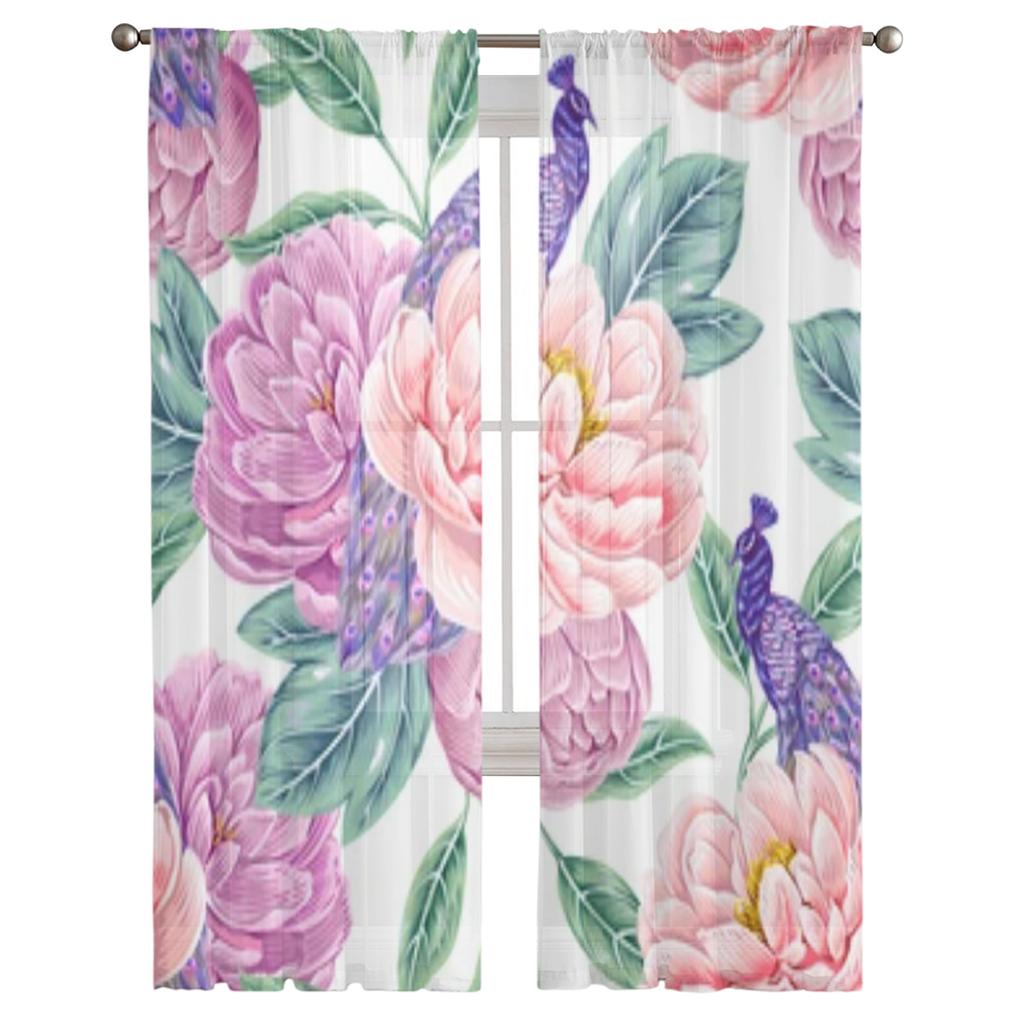 Flowers Peonies Leaves Peacock Sheer Curtains For Living Room Window Transparent Voile Tulle Curtain Bedroom Drapes