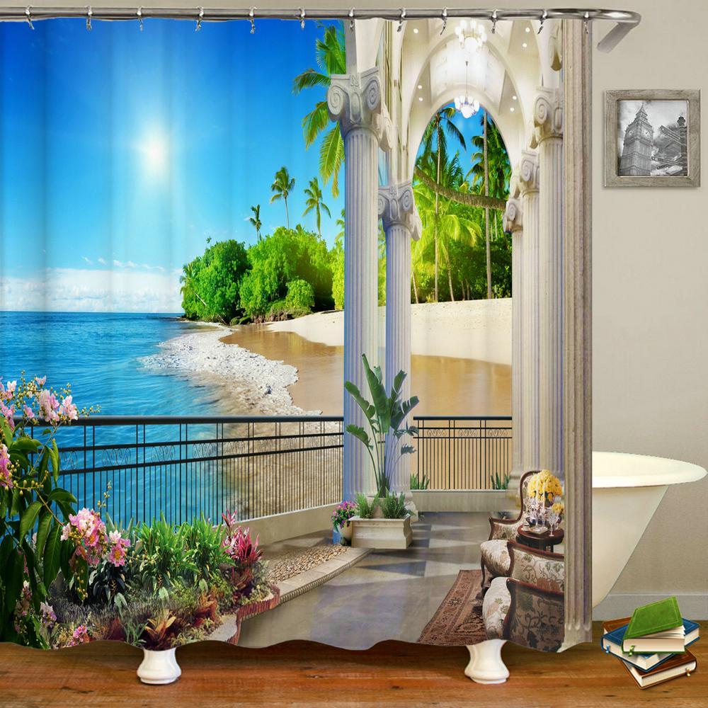 

Tropical Ocean Scenery Shower Curtains Palm Tree Flowers Plants Nature Forest Waterfall Outdoor Garden Bathroom Decor with Hooks 35x70inch-90x180cm