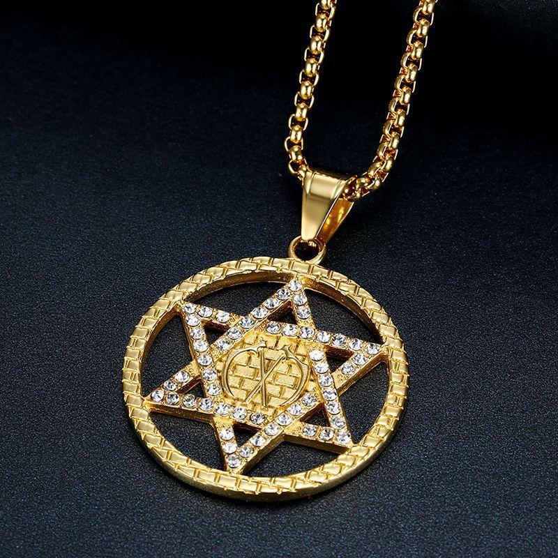 European and American Hip Hop Jewelry with Diamond Studded Davids Hexagram Pendant Necklace