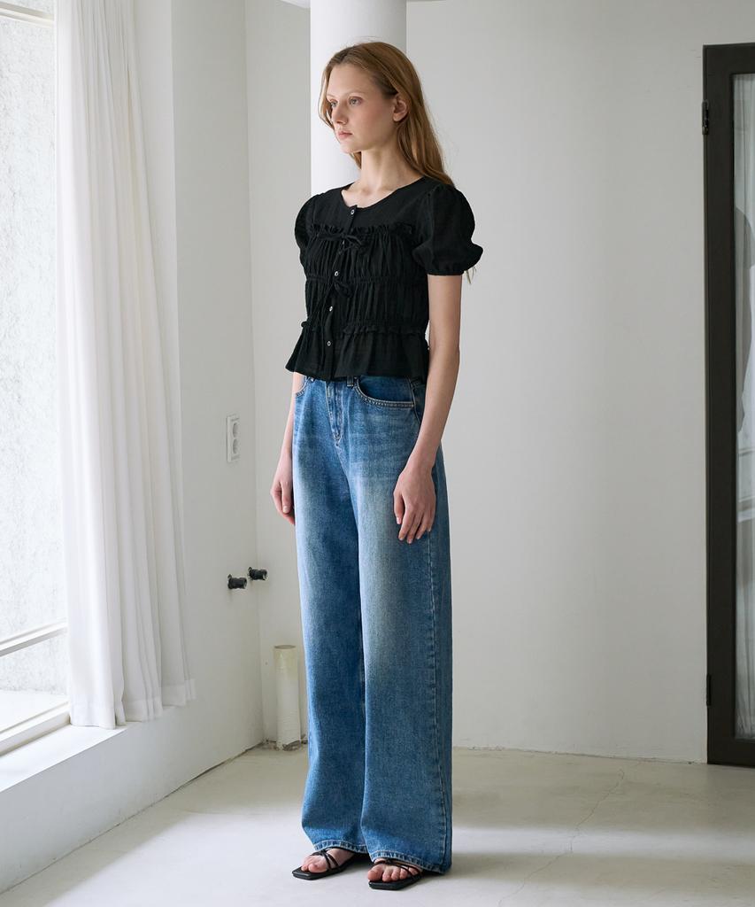 DEHEVE Ribbon Smocked Blouse [Black]