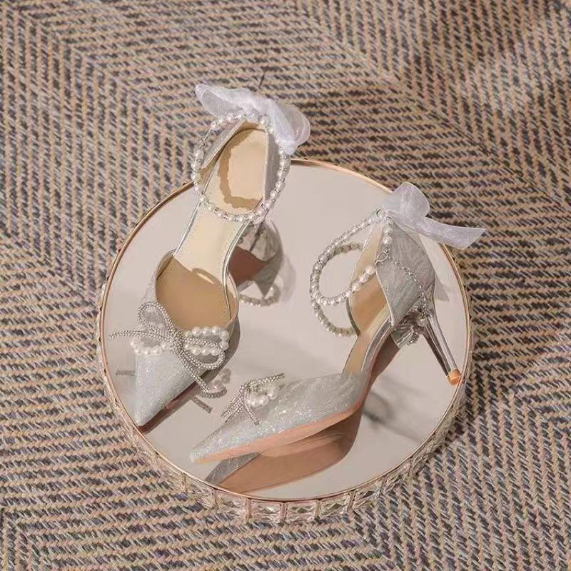 Bow Single Shoes Summer 2025 New Pearl One-word Strap High Heels Pointed Commuter Stiletto Fashion Sandals