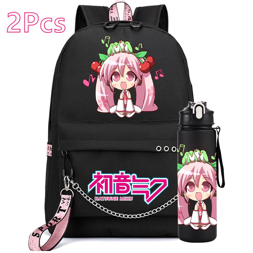2 Pezzi/set Zaino Stampato Anime Hatsune Miku con Borraccia da 750Ml per Ragazza Ragazzo Adolescente Grande Capacità Impermeabile Borsa per Libri Regalo