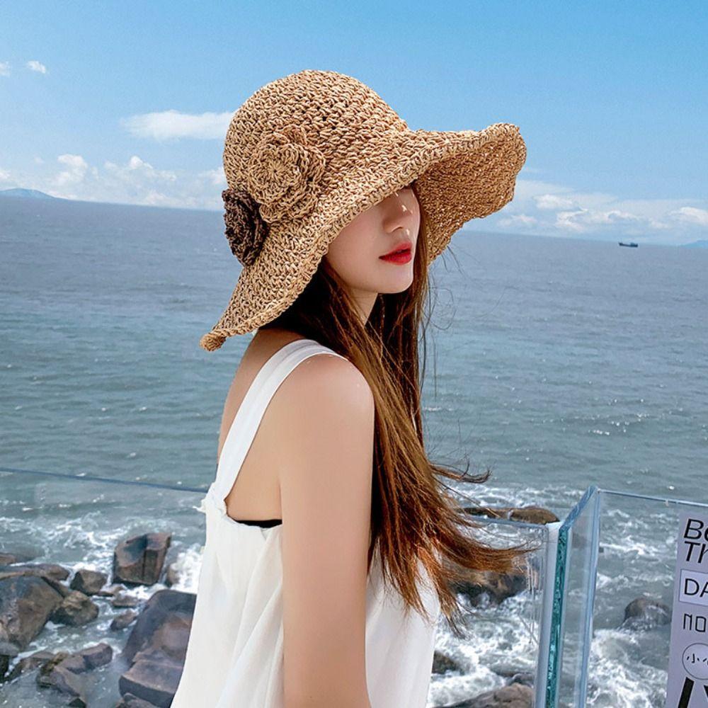 Foldable Flower Sun Hat Wide Brim Weave Straw Cap Sweet Lafite Straw Hat  Summer