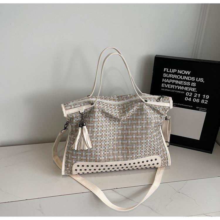 Woolen Plaid Hand-held Big Bag Women's 2025 New Fashion Large-capacity Tote Bag Retro Shoulder Messenger Bag Tide