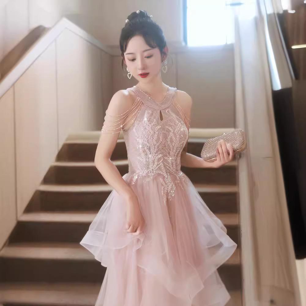 Evening Dress Women's Light Luxury Niche 1011 New Banquet Temperament Host Pink Evening Dress Engagement Toast