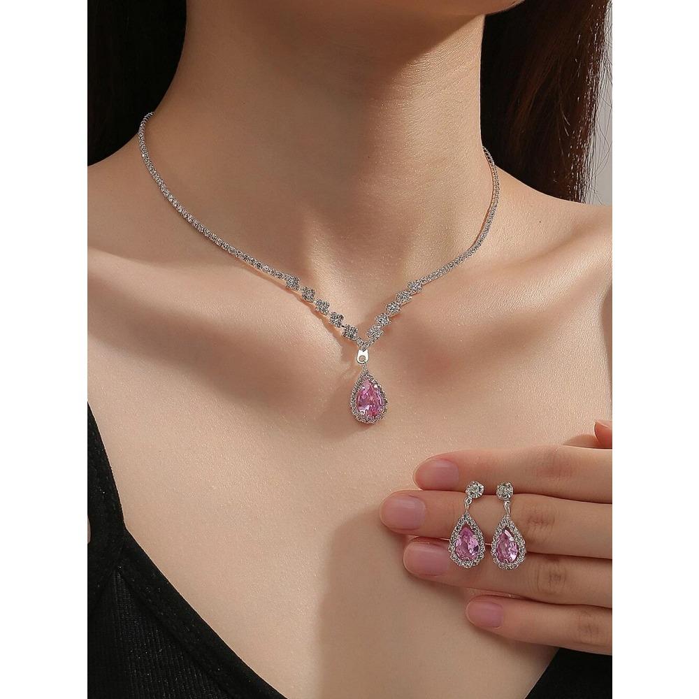 Bright Diamond Zircon Water Drop Necklace Earrings Wedding Jewelry, Shooting Jewelry Set