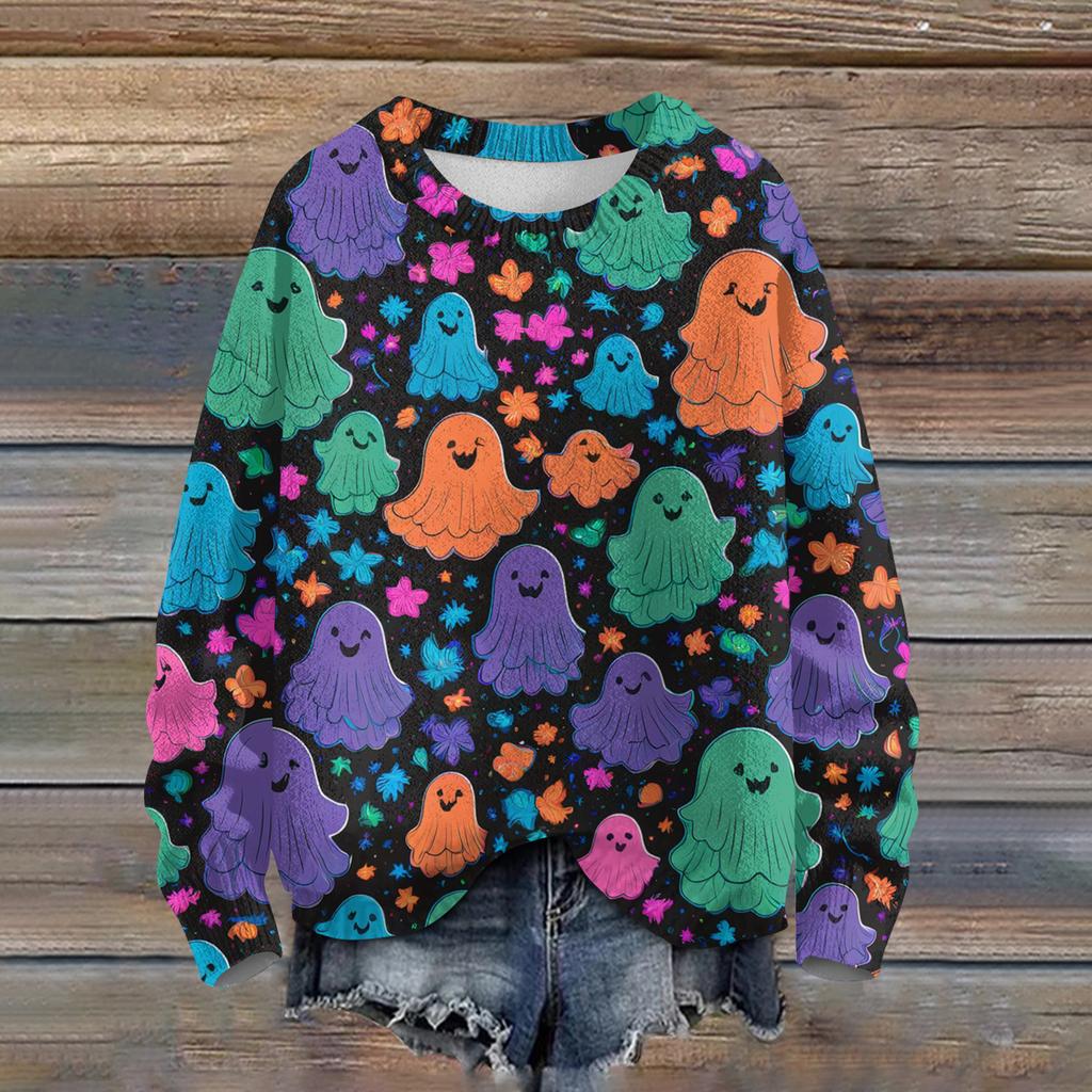 Ladies' Fashionable Casual Long Sleeved Halloween Printed Round Neck Knitted Yarn