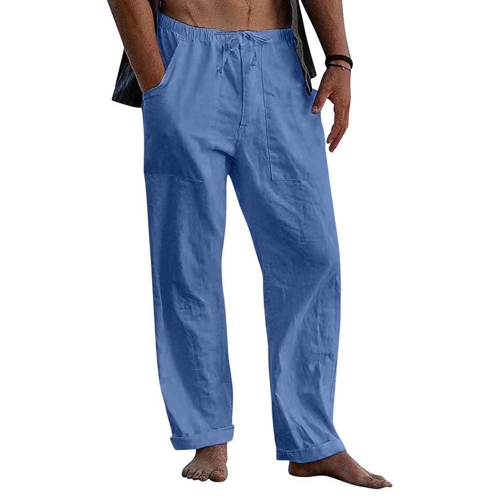 Men Loose Fit Linen Pants Casual Straight Leg Trousers with Elastic Waistband and Pockets for Everyday Wear
