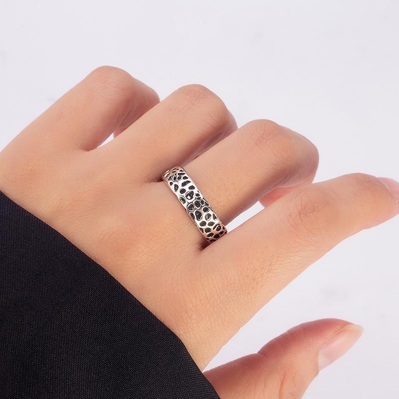 S925 Sterling Silver Meteorite Pattern Adjustable Ring - Unisex Retro, Cold Style, Hip Hop, Thai Silver.