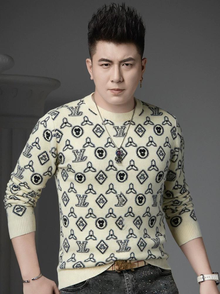 European Style Trendy Floral Long-Sleeve Knit Sweater for Men, 2025 Autumn and Winter New Round-Neck Sweater, Inner Layer Base Shirt