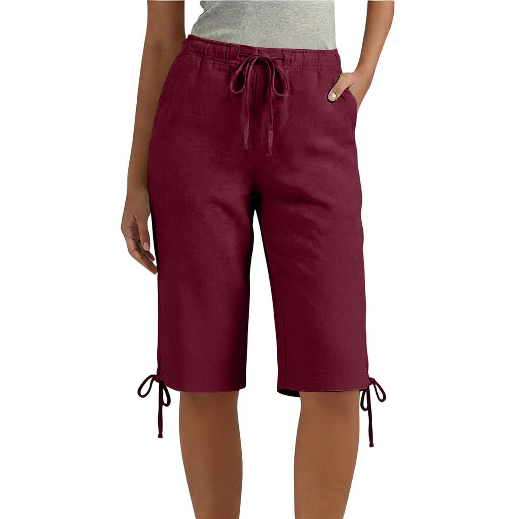 Ladies' casual and fashionable loose waist drawstring five quarter pants with pockets