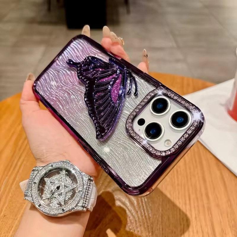 Luxury Bling Butterfly Bracket Transparent Case For iPhone 16 Plus 15 14 13 12 Pro Max 11 Plating Shiny Gradient Diamond Cover