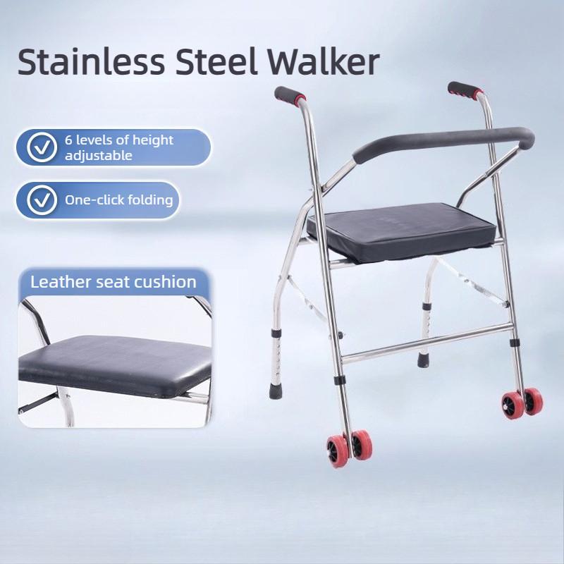 Adjustable Height Walking Aid Handcart Stainless Steel Elderly Walking Aid Foldable Auxiliary Walking Device