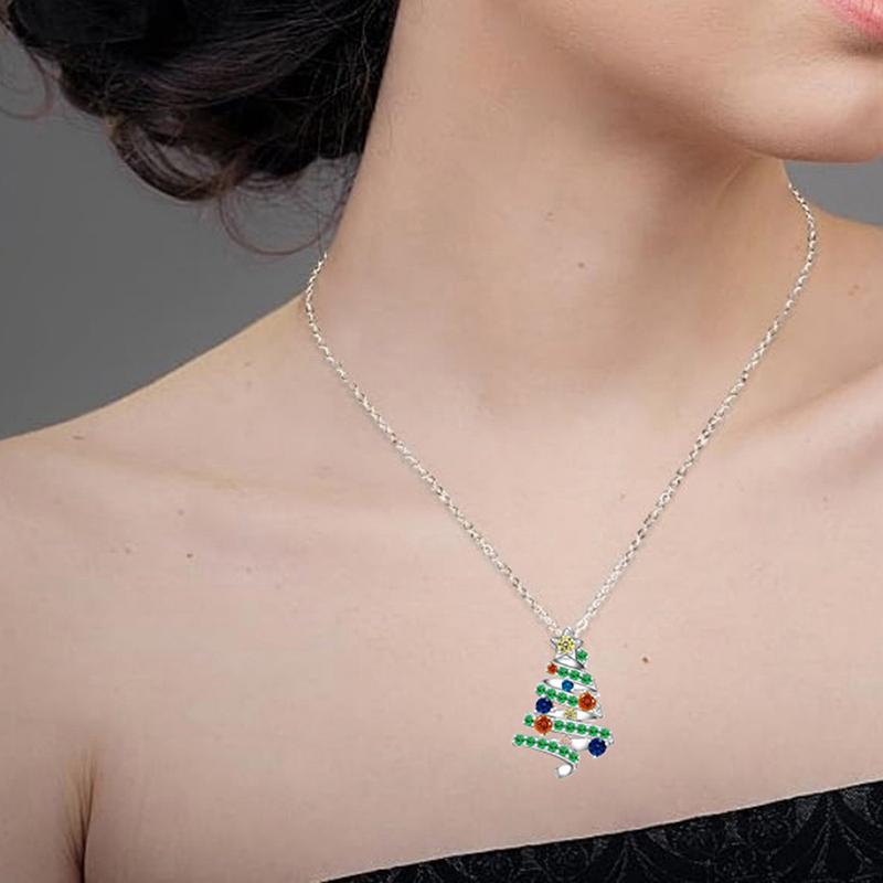 Huitan Novel Christmas Tree Pendant Necklace for Women Elegant Colorful Cubic Zirconia Fashion Xmas Festival Party Chic JewelryGood product