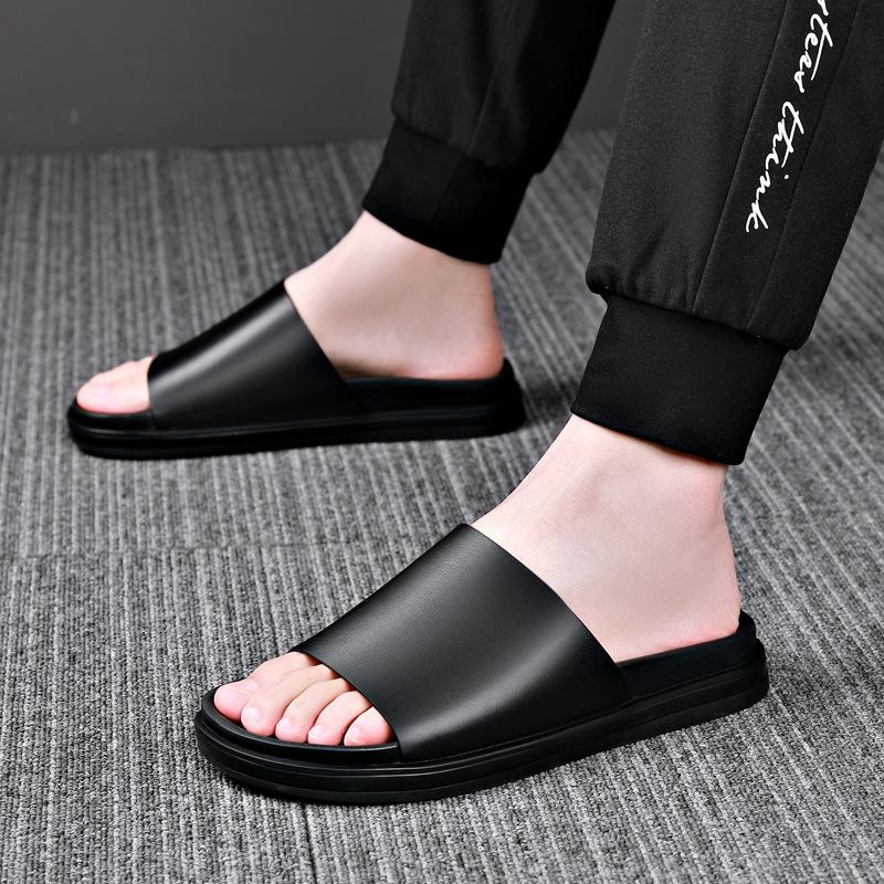 Neue Echtleder Hausschuhe Herren Dicke Sohlen Rutschfeste Flip-Flop Sandalen für Herren Mode Lässig Schwarze Sommerschuhe Herren