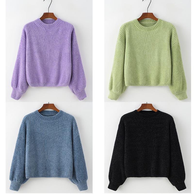 Oversized Round Neck Sweater for Women Autumn Winter Solid Color Chenille Knit with Lantern Sleeves Cozy Fashion Sweater