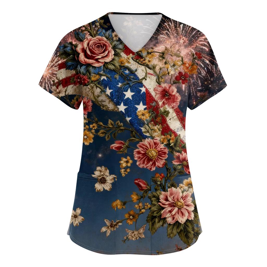 Women's Short-Sleeve Independence Day Print V-Neck Pocket Workwear Top