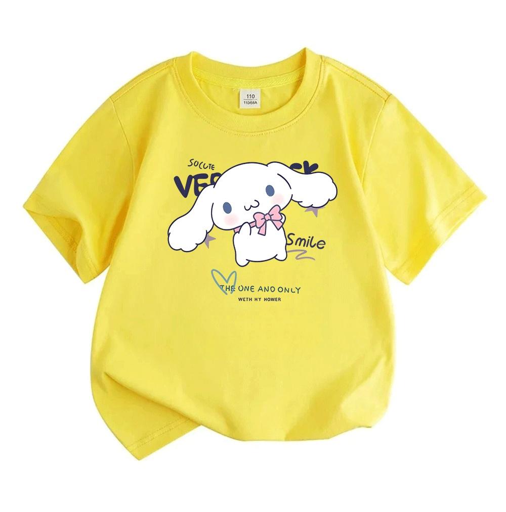 Cute White Long Ear Cartoon Character Print Kids 100% Cotton T-shirt Boys Girls Casual O-Neck Short Sleeve Tee Soft Breathable Summer Daily Comfortabl