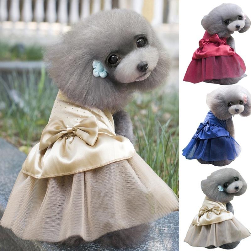 Dog Pet Wedding Dress Puppy Princess Rhinestones Bowknot Lace Skirt Clothes