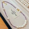 Vintage High Quality Natural Amethyst Sugar Cube Freshwater Baroque Pearl Collarbone Chain Necklace