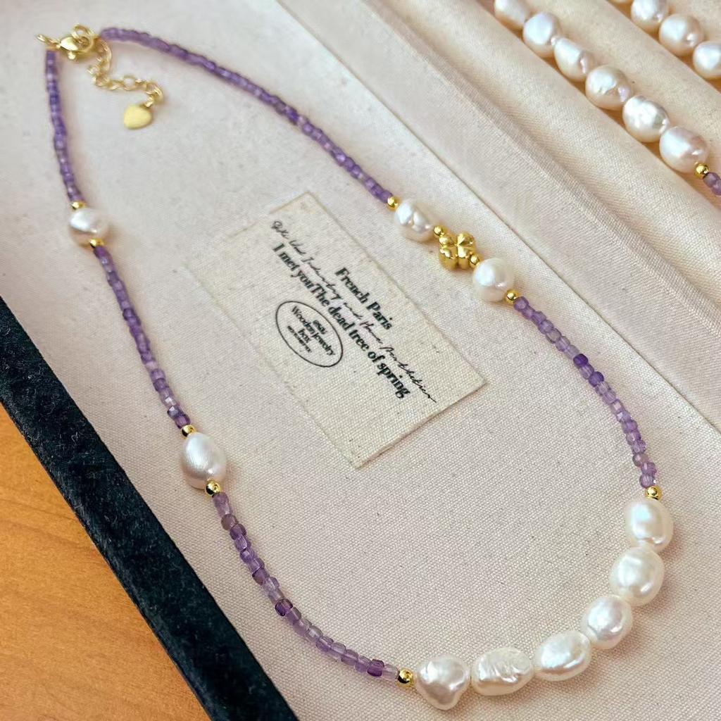 Vintage High Quality Natural Amethyst Sugar Cube Freshwater Baroque Pearl Collarbone Chain Necklace