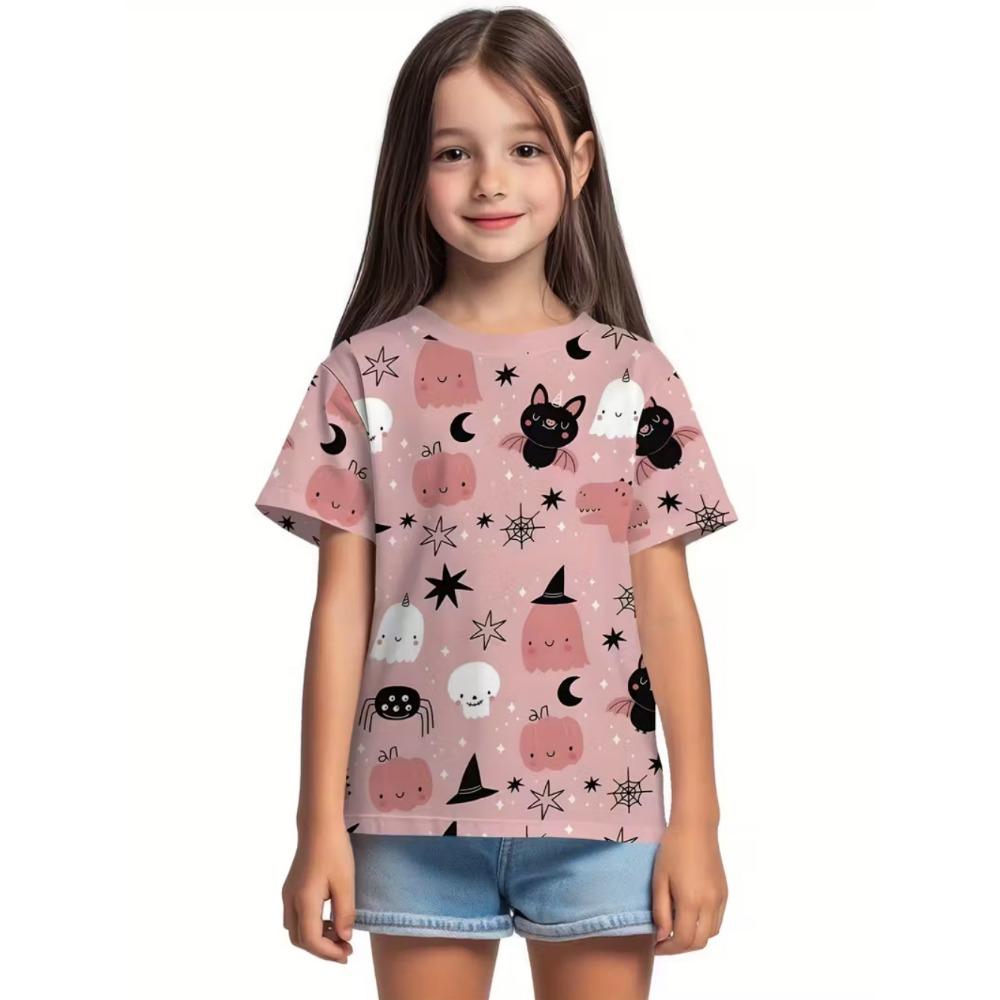 Girl's T-shirt Halloween Cartoon Pumpkin Print Round Neck Short Sleeved Top Fashionable Girl's Clothing Holiday Children's Clothing