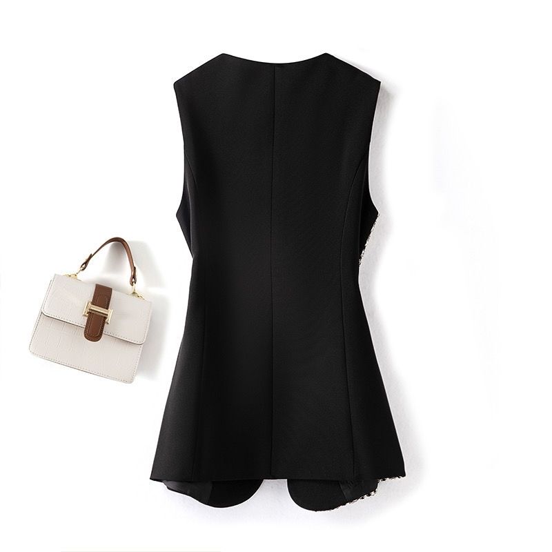 Elegantní dámská dlouhá vesta bez rukávů s límcem v kontrastní barvě, slim fit vesta, podzimní jarní móda