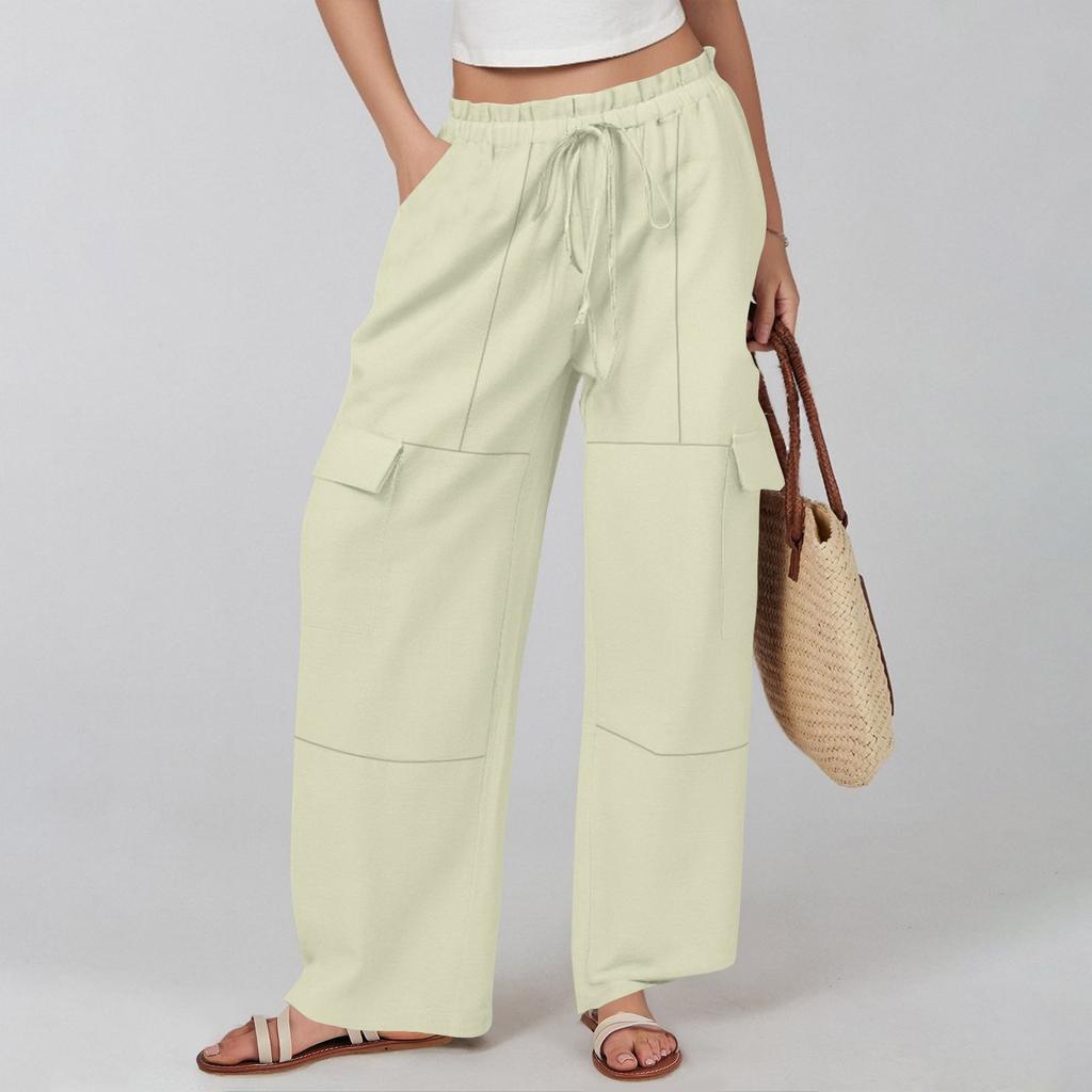 Women's Cotton And Linen Summer Stitching Casual Drawstring High Waist Pocket Workwear Trousers