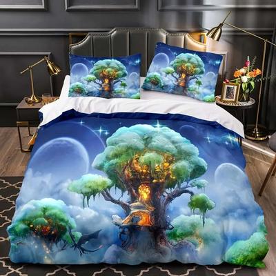 Fantasy World Forest Duvet Cover SetCartoon Castle Bedding SetMagic Elf Tree Polyester Quilt Cover Queen King Full Twin Size
