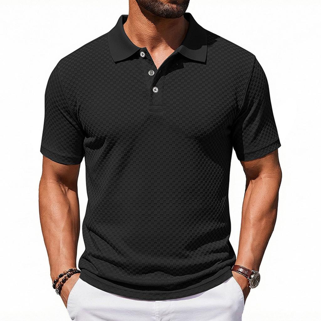 Men's Short Sleeve Polo Shirt with Textured Pattern Classic Fit Button Down Collar Lightweight Casual Top