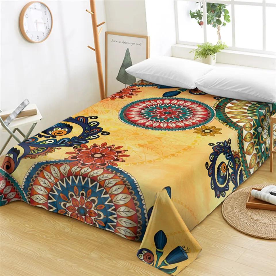 Bohemian Mandala Bed Sheet Boho Style Flat Sheet Colorful Ethnic Retro Floral Bed Linen Women King Queen Polyester Bedding Sheet