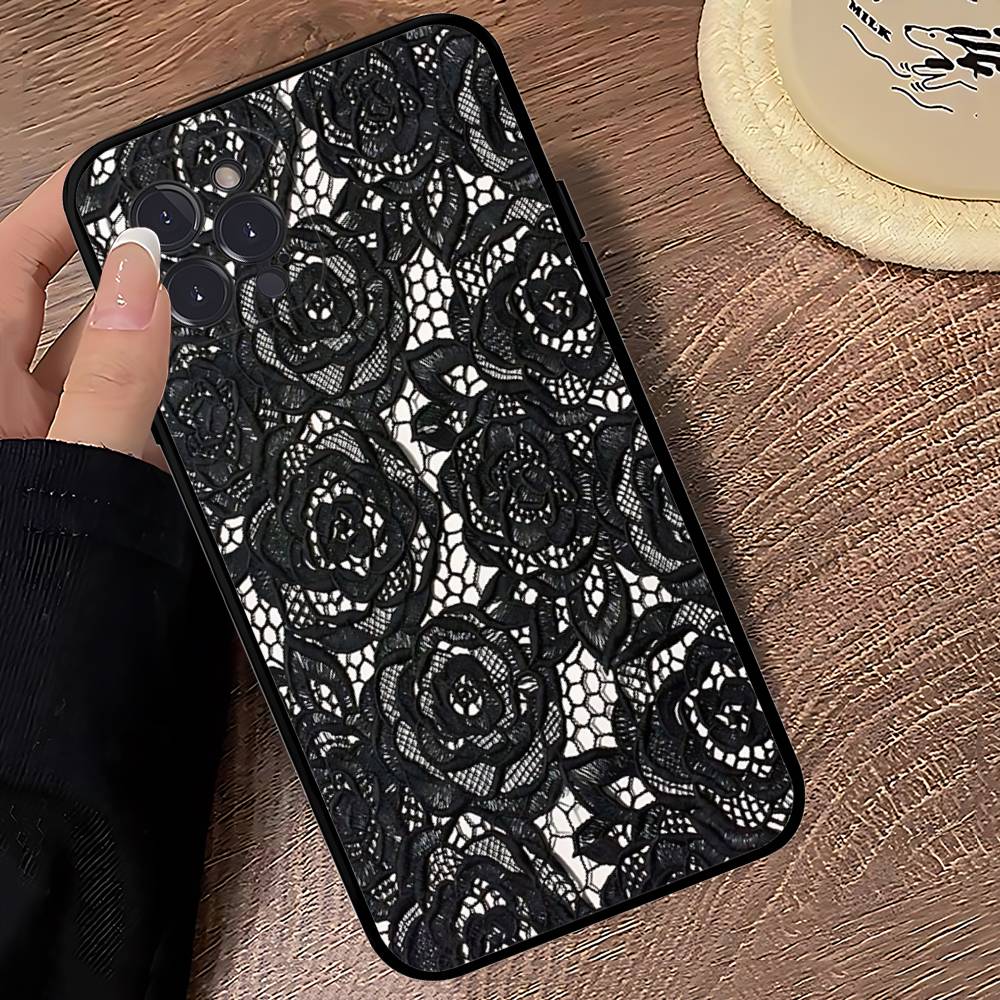 

Black Lace Pattern Personalized Mobile Phone Case For IPhone 17 16 15 14 13 12 11 Pro Max Plus Mini Soft Black Cover iPhone 17 Air