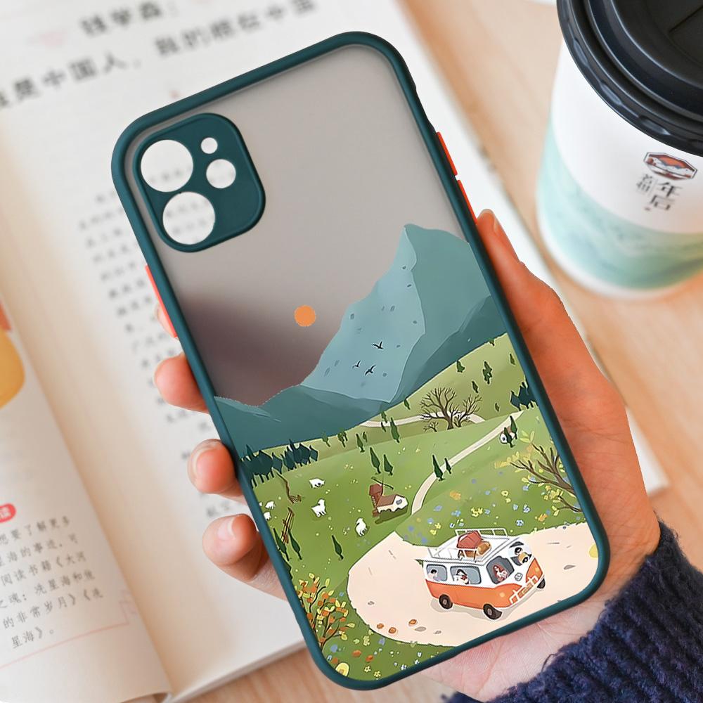 Cartoon Landscape Scenery Phone Case For iPhone 15 14 12 11 13 Pro XS Max 13Mini XR X 8 14Plus SE3 Matte Hard Cover Shell Fundas