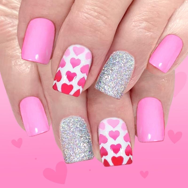 24PCS Heart Pattern Artificial Nail Valentine Special Glossy Square Tips Artificial Nail Valentine Theme Decors 1