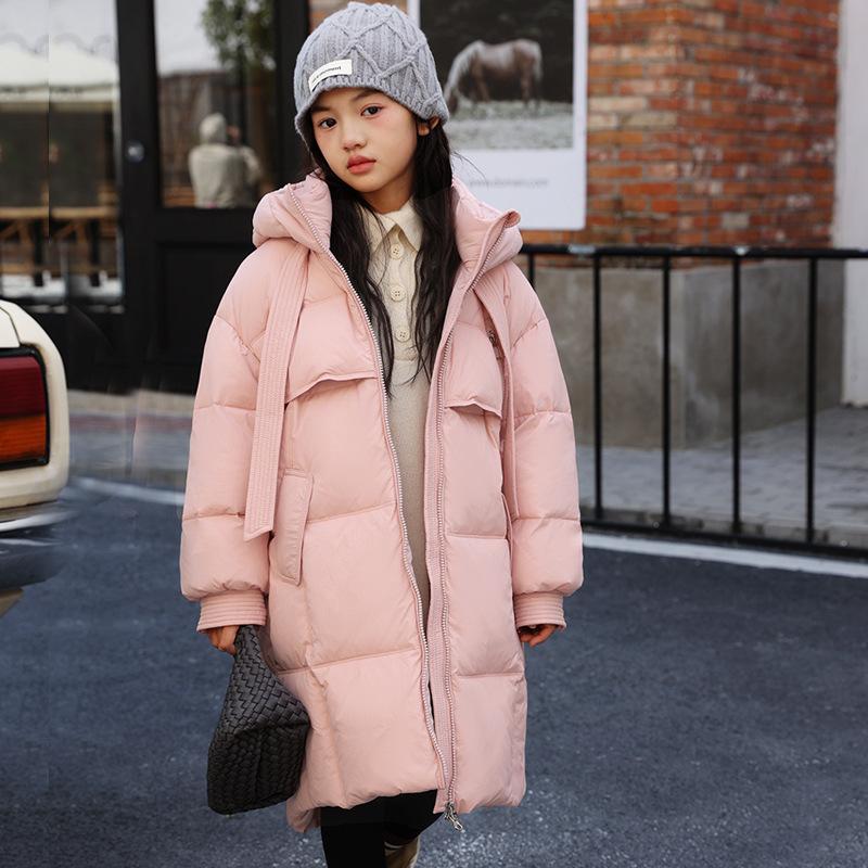 Giacca in piumino per bambini, ragazze, lunghezza media, invernale, bianco, in piuma d'anatra, tinta unita, spesso, casual, cappotto