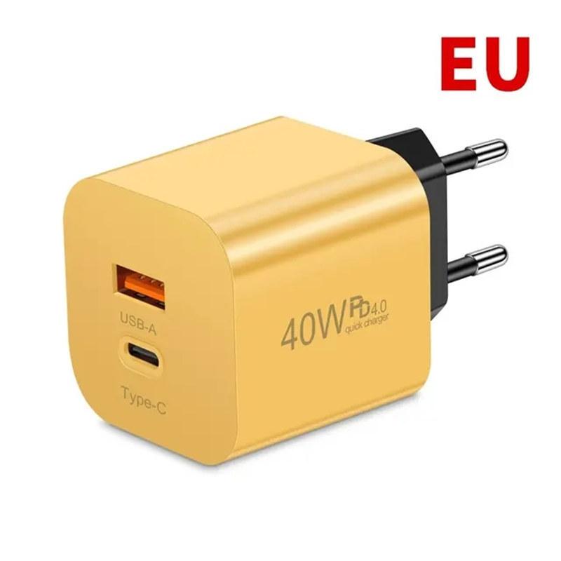 

USB-зарядное устройство 40 Вт QC3.0, адаптер для быстрой зарядки мобильного телефона типа C для iPhone, Xiaomi, Samsung, Huawei, Macbook EU Plug жёлтый