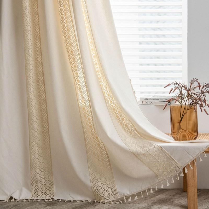 

American Style Dot Crochet Splicing Milky White Door Curtain Living Room Bedroom Window Balcony Home Decoration Curtain W150 x H60cm&Threading Rod