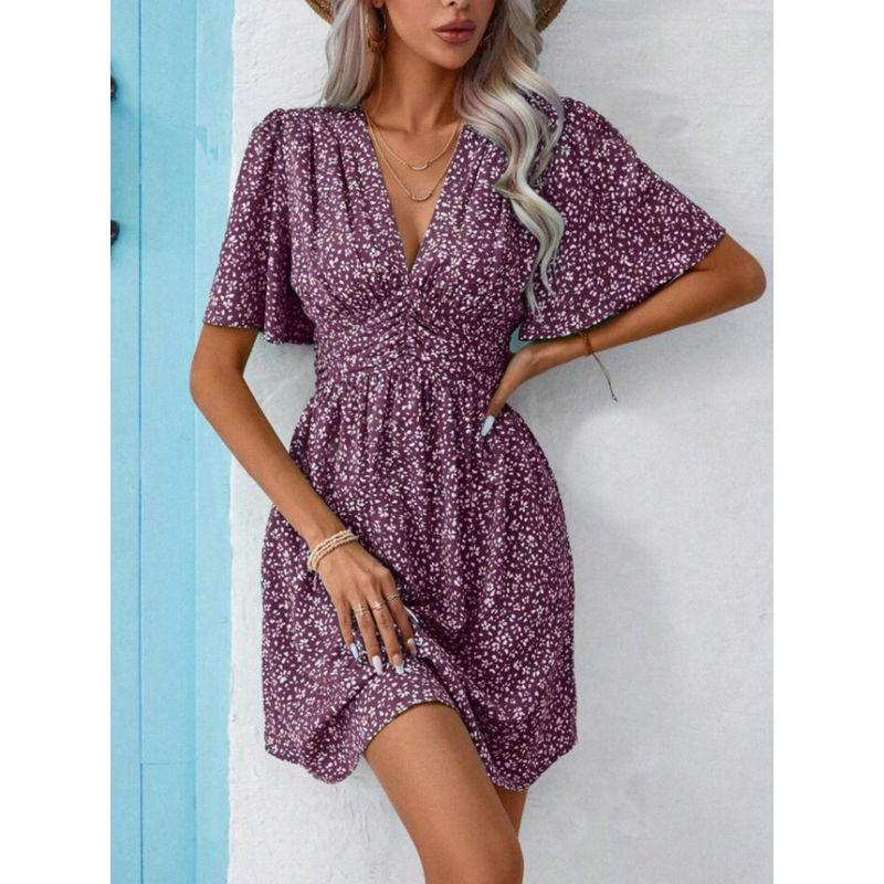 

Deep V-neck Summer Lotus Leaf Sleeve Small Floral Holiday Style Dress Floral Vacation Dress Purple XXL