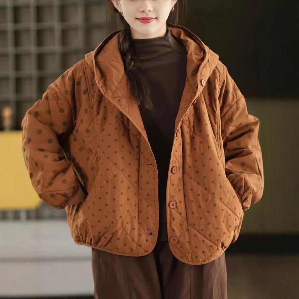Johnature Women Vintage Hooded Button Warm Polka Winter Loose Casual Soft Female Pockets Thick Coats
