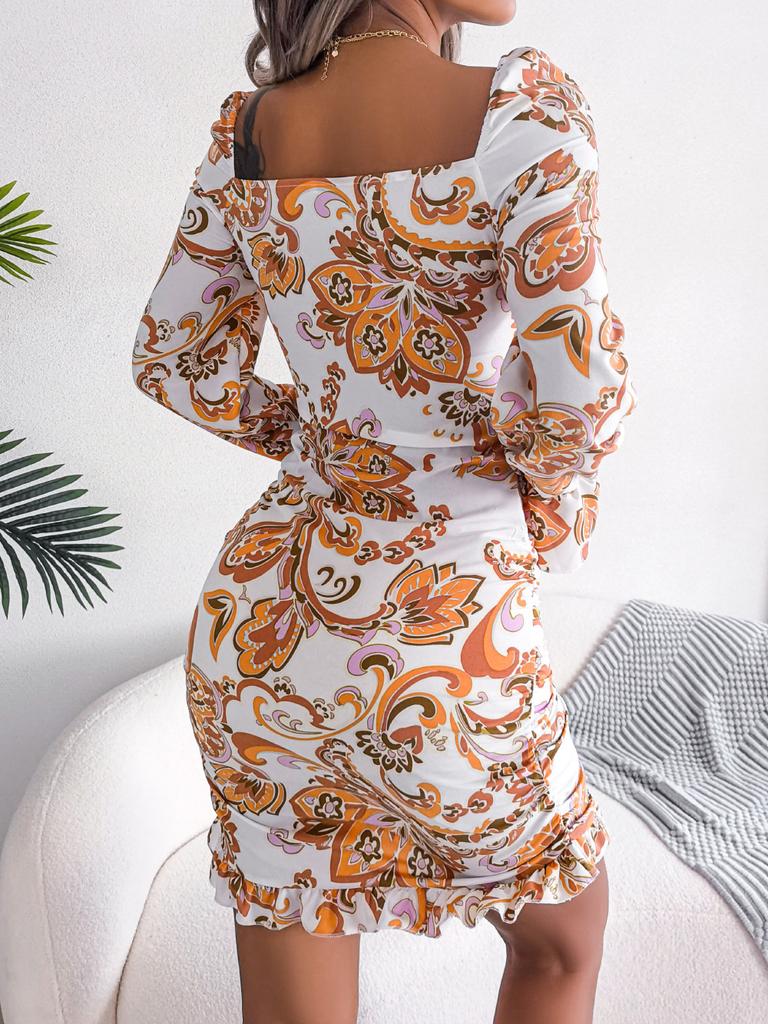 Women's New High Waisted Sexy Dress In Autumn  Long Sleeved Short Skirts  Printing Temperament Bag Hip Dress