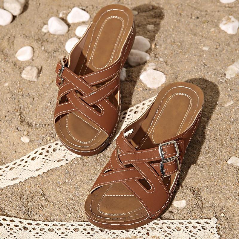 

Fashion Fashion Double Buckle Platform Sandals Women Comfort Cross Strap Wedge Heel Sandals Woman Plus Size Non Slip Beach Slippers 43 43 темно-коричневого