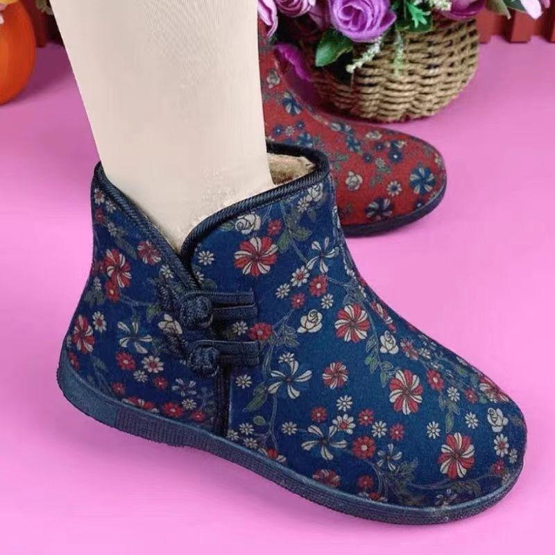 Pide Una Talla Más Zapatos de Algodón Invierno Old Beijing para Mujeres Mayores, Forrados de Terciopelo y Antideslizantes Calientes Zapatos para Madres